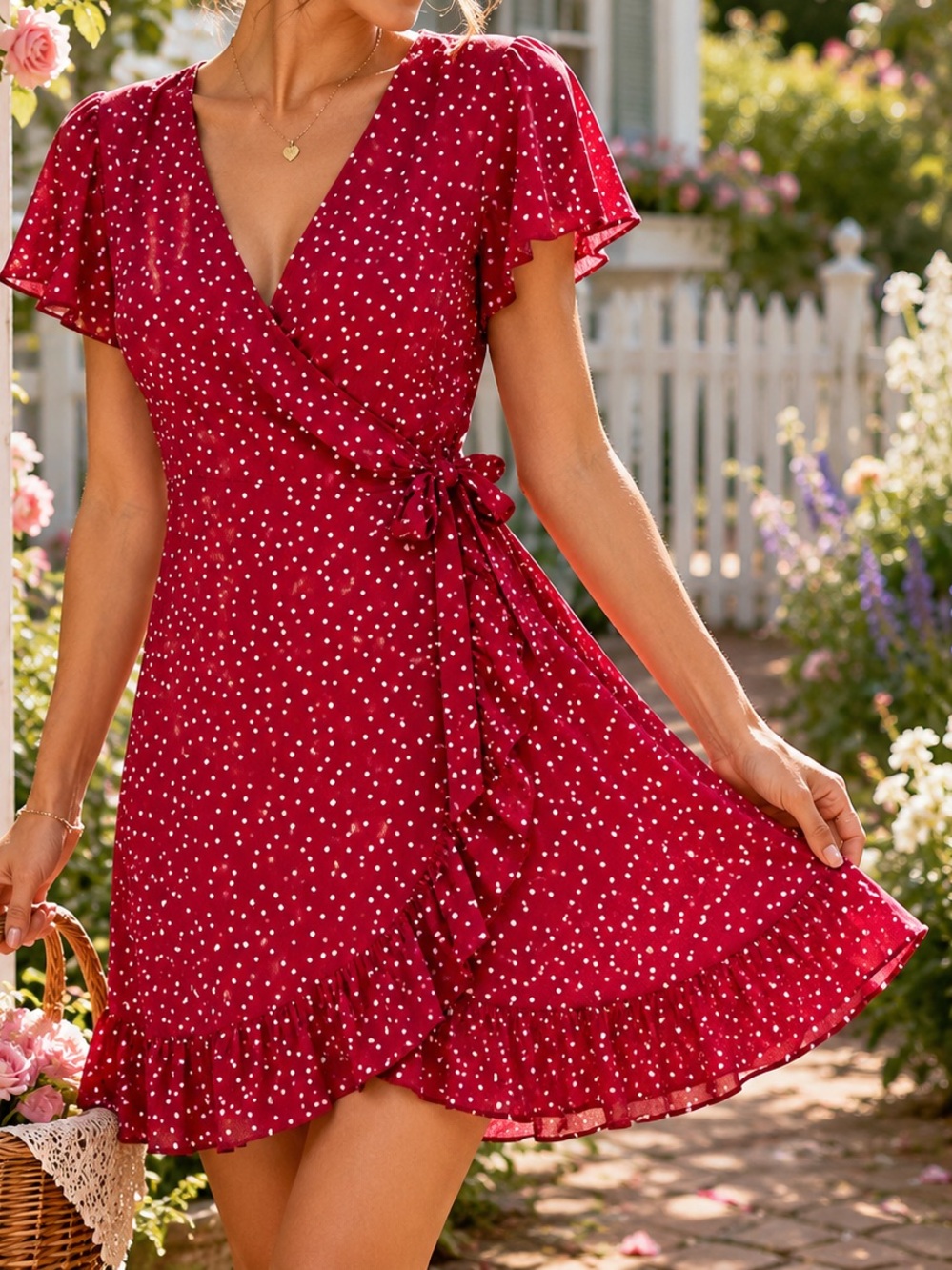 Relipop Red Polka Dot Wrap Dress Ruffle Hem Flutter Sleeve Women’s Large L